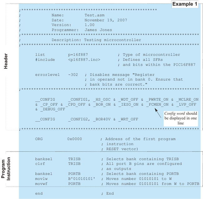 Example 1 - Writing header and configuring I/O pins Example 1 - Writing header and configuring I/O pins