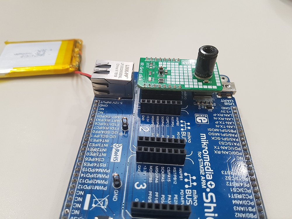 Connect IR Grid Click to mikroBUS1 on Shield