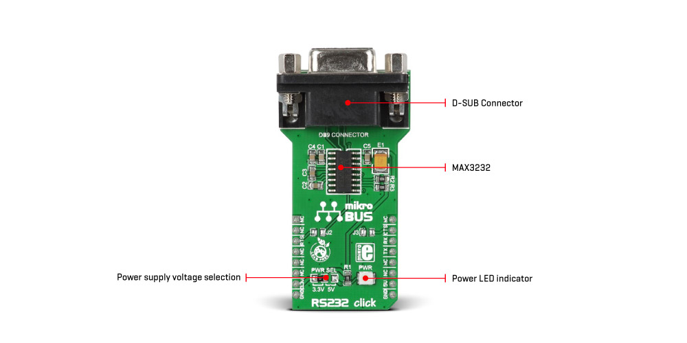 RS232 click - features a standard RS232 and a MAX3232