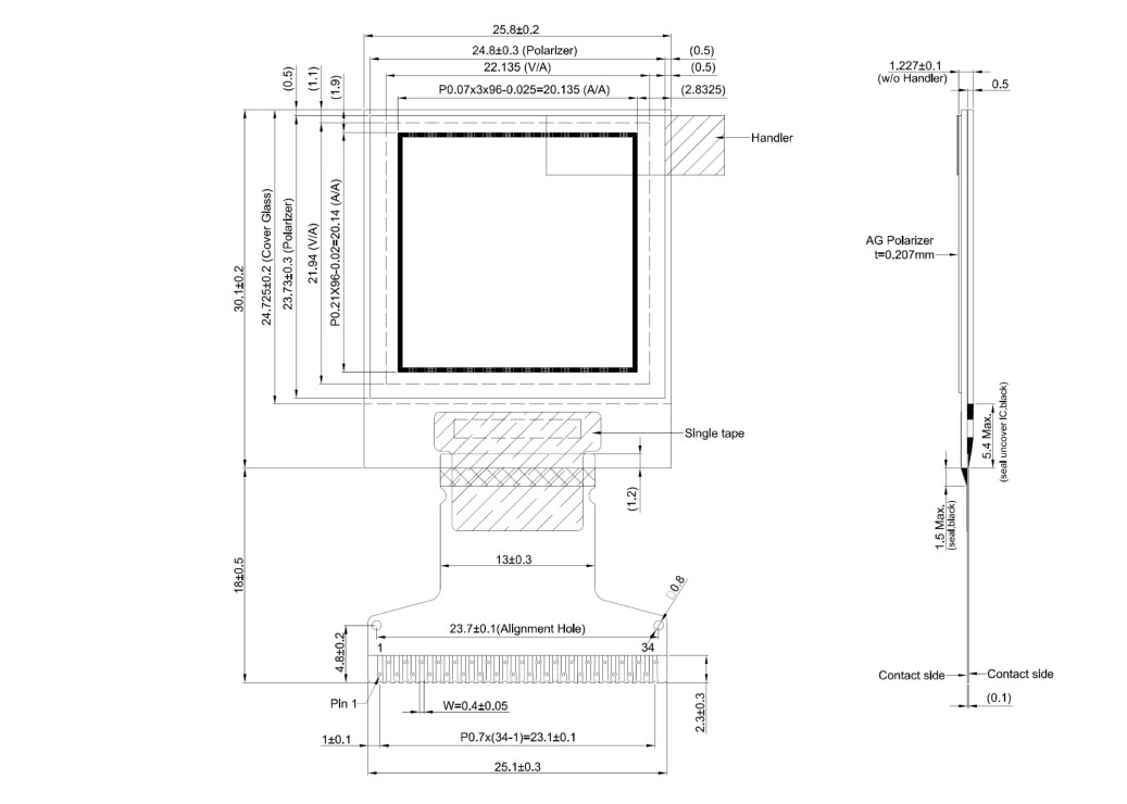 OLED Display 96x96 Color Mechanical Specifications